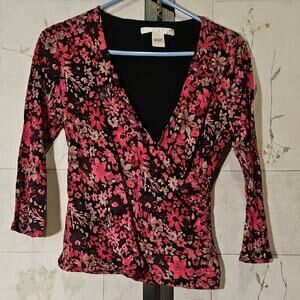 Geoffrey Beene Black and Pink 3/4 Sleeve Wrap Blouse